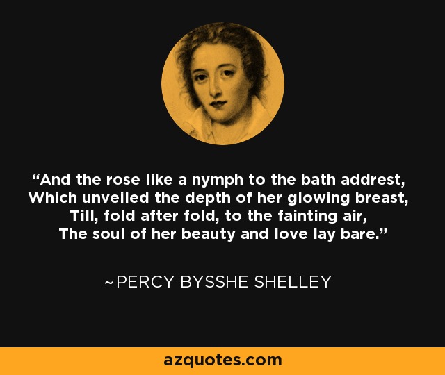 And the rose like a nymph to the bath addrest, Which unveiled the depth of her glowing breast, Till, fold after fold, to the fainting air, The soul of her beauty and love lay bare. - Percy Bysshe Shelley