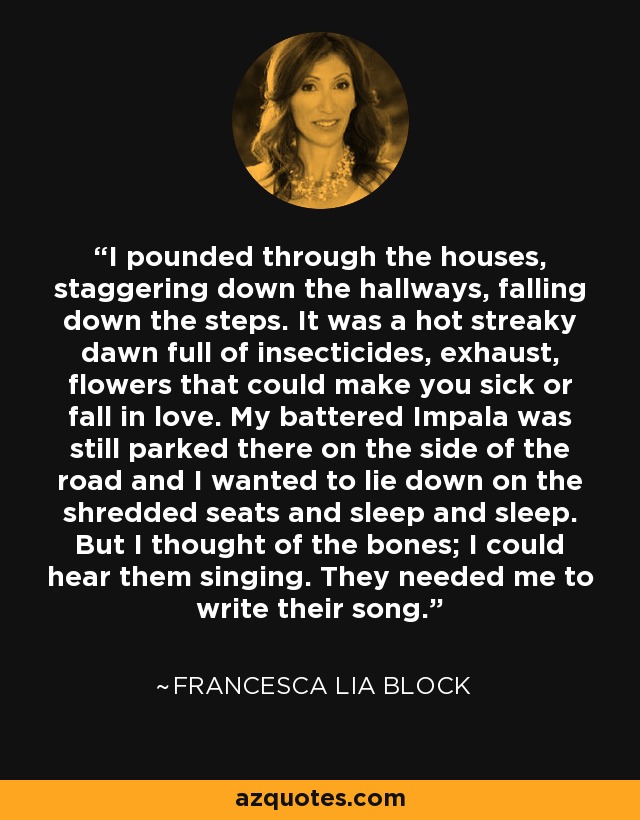 I pounded through the houses, staggering down the hallways, falling down the steps. It was a hot streaky dawn full of insecticides, exhaust, flowers that could make you sick or fall in love. My battered Impala was still parked there on the side of the road and I wanted to lie down on the shredded seats and sleep and sleep. But I thought of the bones; I could hear them singing. They needed me to write their song. - Francesca Lia Block