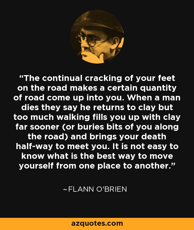 The continual cracking of your feet on the road makes a certain quantity of road come up into you. When a man dies they say he returns to clay but too much walking fills you up with clay far sooner (or buries bits of you along the road) and brings your death half-way to meet you. It is not easy to know what is the best way to move yourself from one place to another. - Flann O'Brien