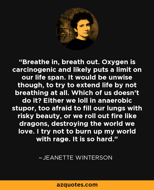 Breathe in, breath out. Oxygen is carcinogenic and likely puts a limit on our life span. It would be unwise though, to try to extend life by not breathing at all. Which of us doesn't do it? Either we loll in anaerobic stupor, too afraid to fill our lungs with risky beauty, or we roll out fire like dragons, destroying the world we love. I try not to burn up my world with rage. It is so hard. - Jeanette Winterson