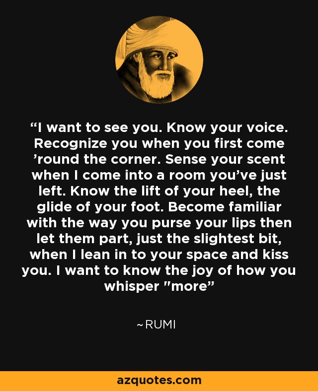 I want to see you. Know your voice. Recognize you when you first come 'round the corner. Sense your scent when I come into a room you've just left. Know the lift of your heel, the glide of your foot. Become familiar with the way you purse your lips then let them part, just the slightest bit, when I lean in to your space and kiss you. I want to know the joy of how you whisper 