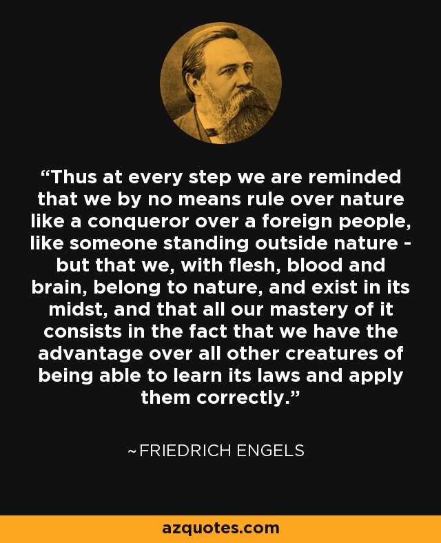 Thus at every step we are reminded that we by no means rule over nature like a conqueror over a foreign people, like someone standing outside nature - but that we, with flesh, blood and brain, belong to nature, and exist in its midst, and that all our mastery of it consists in the fact that we have the advantage over all other creatures of being able to learn its laws and apply them correctly. - Friedrich Engels