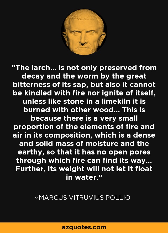 The larch... is not only preserved from decay and the worm by the great bitterness of its sap, but also it cannot be kindled with fire nor ignite of itself, unless like stone in a limekiln it is burned with other wood... This is because there is a very small proportion of the elements of fire and air in its composition, which is a dense and solid mass of moisture and the earthy, so that it has no open pores through which fire can find its way... Further, its weight will not let it float in water. - Marcus Vitruvius Pollio