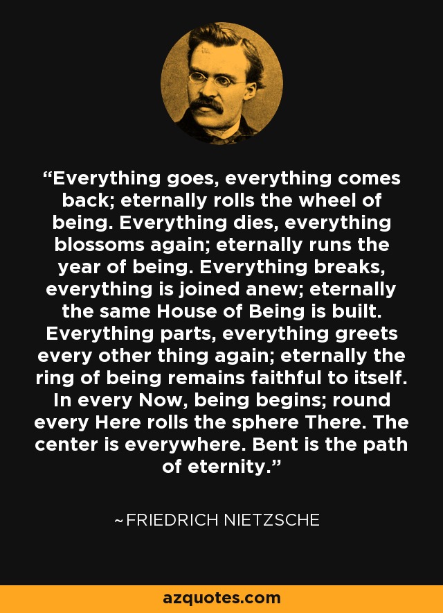 Everything goes, everything comes back; eternally rolls the wheel of being. Everything dies, everything blossoms again; eternally runs the year of being. Everything breaks, everything is joined anew; eternally the same House of Being is built. Everything parts, everything greets every other thing again; eternally the ring of being remains faithful to itself. In every Now, being begins; round every Here rolls the sphere There. The center is everywhere. Bent is the path of eternity. - Friedrich Nietzsche