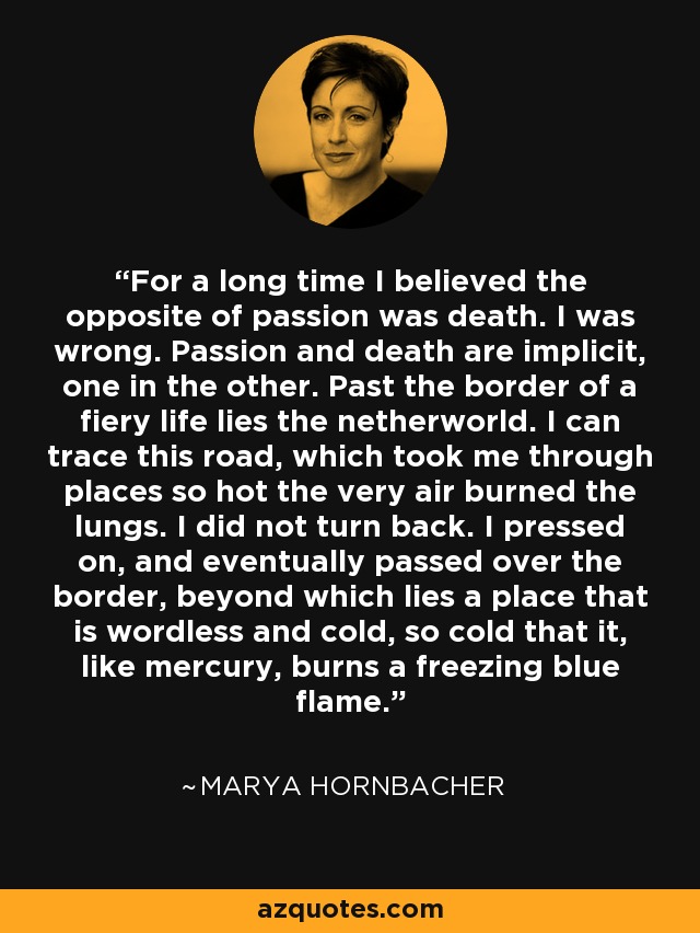 For a long time I believed the opposite of passion was death. I was wrong. Passion and death are implicit, one in the other. Past the border of a fiery life lies the netherworld. I can trace this road, which took me through places so hot the very air burned the lungs. I did not turn back. I pressed on, and eventually passed over the border, beyond which lies a place that is wordless and cold, so cold that it, like mercury, burns a freezing blue flame. - Marya Hornbacher