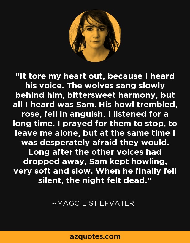 It tore my heart out, because I heard his voice. The wolves sang slowly behind him, bittersweet harmony, but all I heard was Sam. His howl trembled, rose, fell in anguish. I listened for a long time. I prayed for them to stop, to leave me alone, but at the same time I was desperately afraid they would. Long after the other voices had dropped away, Sam kept howling, very soft and slow. When he finally fell silent, the night felt dead. - Maggie Stiefvater