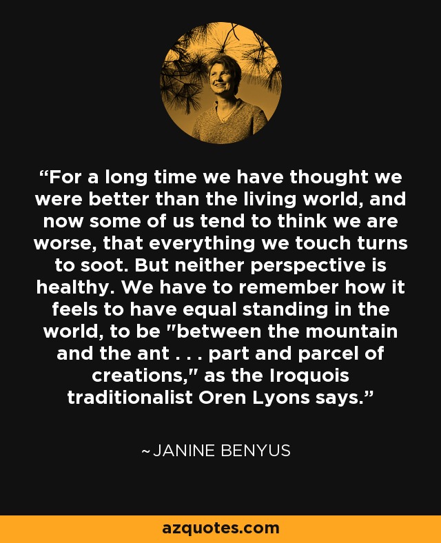 For a long time we have thought we were better than the living world, and now some of us tend to think we are worse, that everything we touch turns to soot. But neither perspective is healthy. We have to remember how it feels to have equal standing in the world, to be 