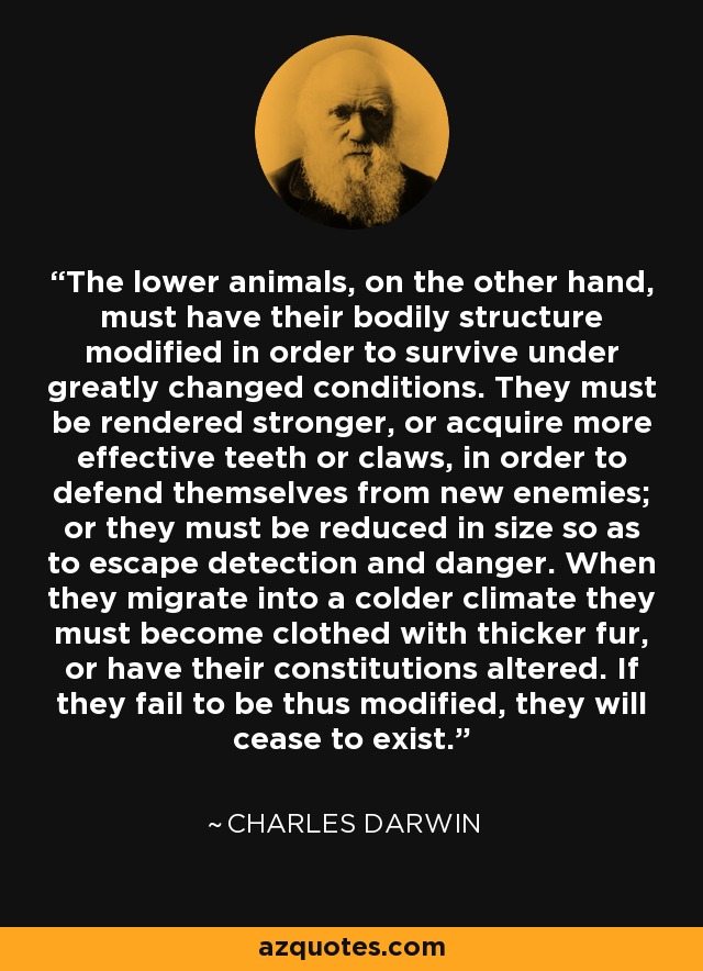 The lower animals, on the other hand, must have their bodily structure modified in order to survive under greatly changed conditions. They must be rendered stronger, or acquire more effective teeth or claws, in order to defend themselves from new enemies; or they must be reduced in size so as to escape detection and danger. When they migrate into a colder climate they must become clothed with thicker fur, or have their constitutions altered. If they fail to be thus modified, they will cease to exist. - Charles Darwin