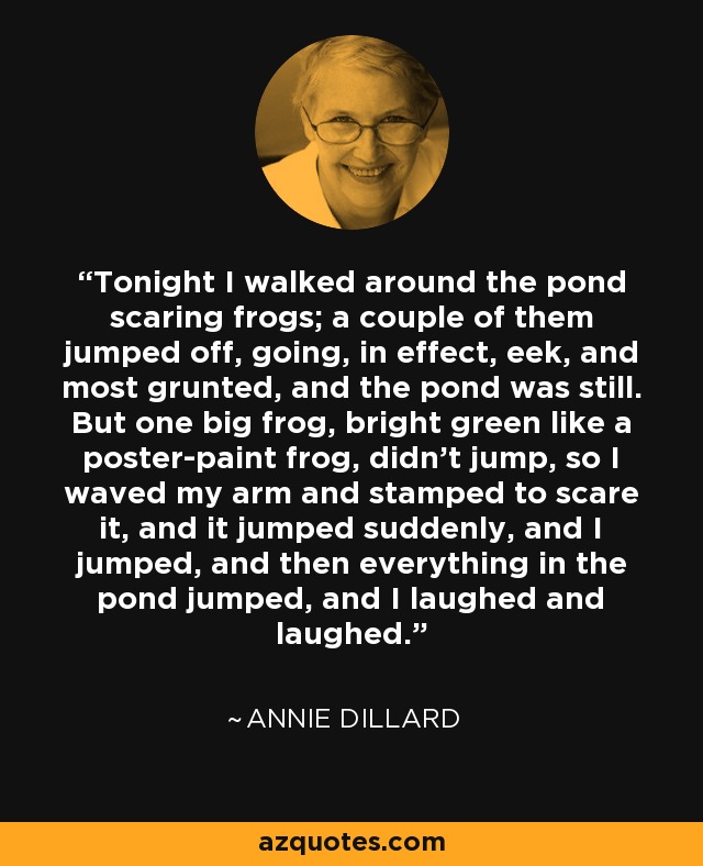 Tonight I walked around the pond scaring frogs; a couple of them jumped off, going, in effect, eek, and most grunted, and the pond was still. But one big frog, bright green like a poster-paint frog, didn't jump, so I waved my arm and stamped to scare it, and it jumped suddenly, and I jumped, and then everything in the pond jumped, and I laughed and laughed. - Annie Dillard