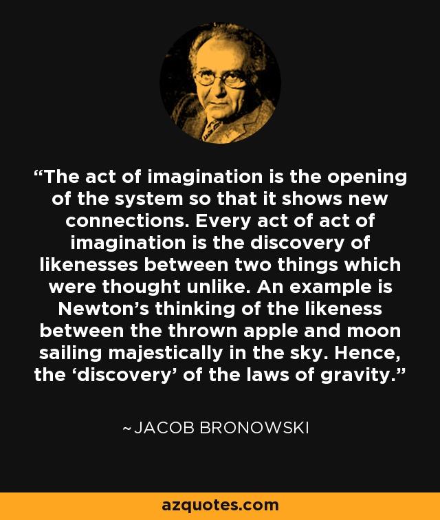 The act of imagination is the opening of the system so that it shows new connections. Every act of act of imagination is the discovery of likenesses between two things which were thought unlike. An example is Newton’s thinking of the likeness between the thrown apple and moon sailing majestically in the sky. Hence, the ‘discovery’ of the laws of gravity. - Jacob Bronowski