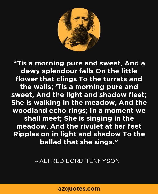 Tis a morning pure and sweet, And a dewy splendour falls On the little flower that clings To the turrets and the walls; 'Tis a morning pure and sweet, And the light and shadow fleet; She is walking in the meadow, And the woodland echo rings; In a moment we shall meet; She is singing in the meadow, And the rivulet at her feet Ripples on in light and shadow To the ballad that she sings. - Alfred Lord Tennyson