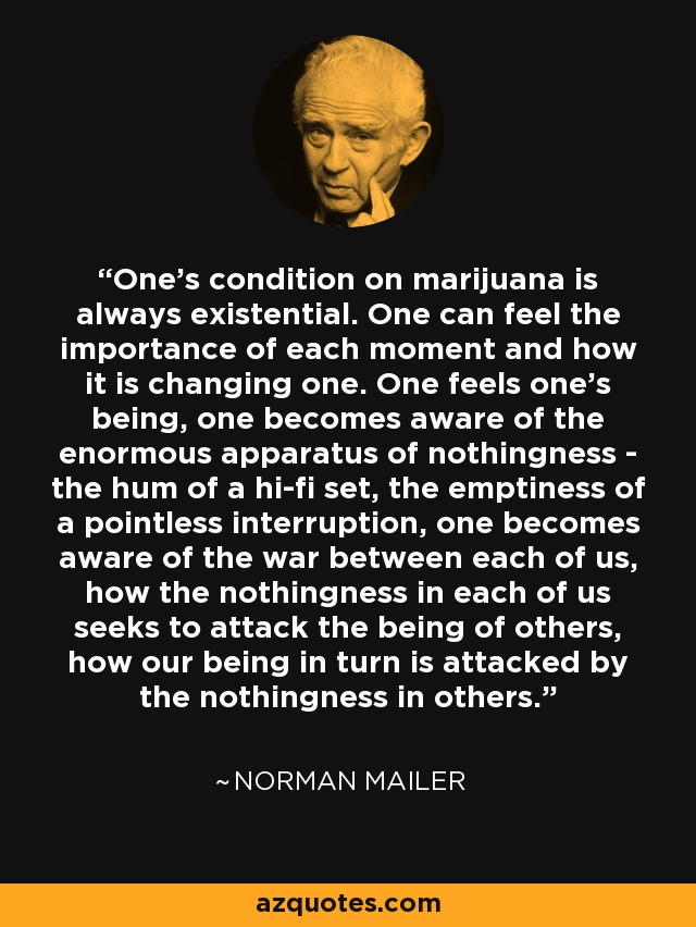 One's condition on marijuana is always existential. One can feel the importance of each moment and how it is changing one. One feels one's being, one becomes aware of the enormous apparatus of nothingness - the hum of a hi-fi set, the emptiness of a pointless interruption, one becomes aware of the war between each of us, how the nothingness in each of us seeks to attack the being of others, how our being in turn is attacked by the nothingness in others. - Norman Mailer