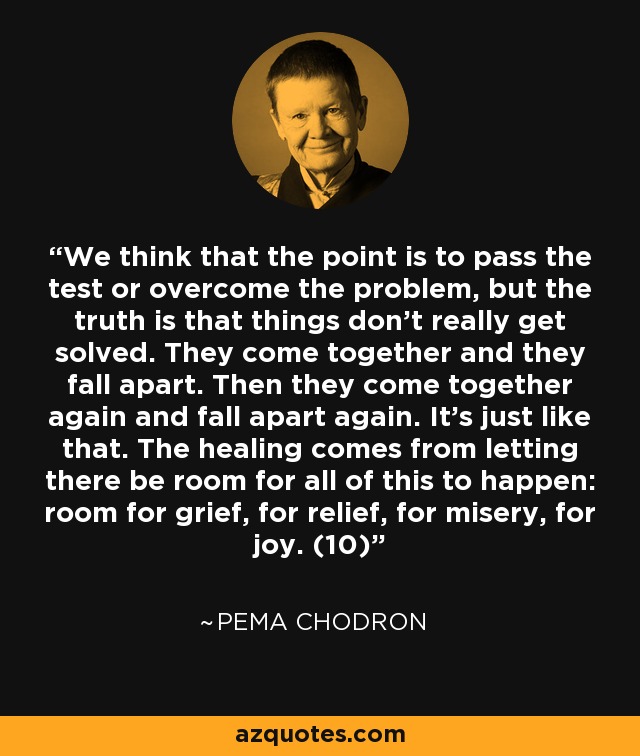 We think that the point is to pass the test or overcome the problem, but the truth is that things don't really get solved. They come together and they fall apart. Then they come together again and fall apart again. It's just like that. The healing comes from letting there be room for all of this to happen: room for grief, for relief, for misery, for joy. (10) - Pema Chodron