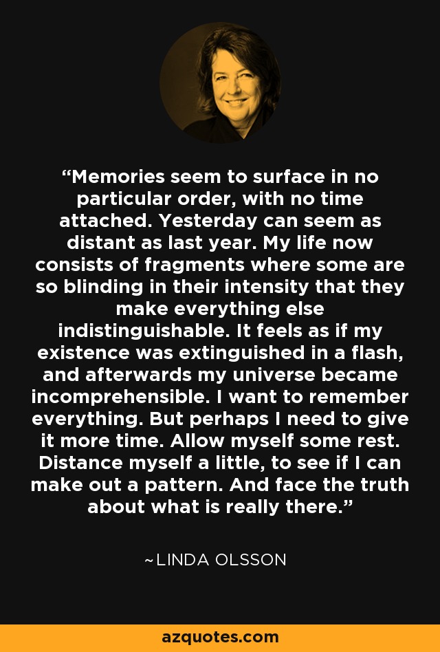 Memories seem to surface in no particular order, with no time attached. Yesterday can seem as distant as last year. My life now consists of fragments where some are so blinding in their intensity that they make everything else indistinguishable. It feels as if my existence was extinguished in a flash, and afterwards my universe became incomprehensible. I want to remember everything. But perhaps I need to give it more time. Allow myself some rest. Distance myself a little, to see if I can make out a pattern. And face the truth about what is really there. - Linda Olsson