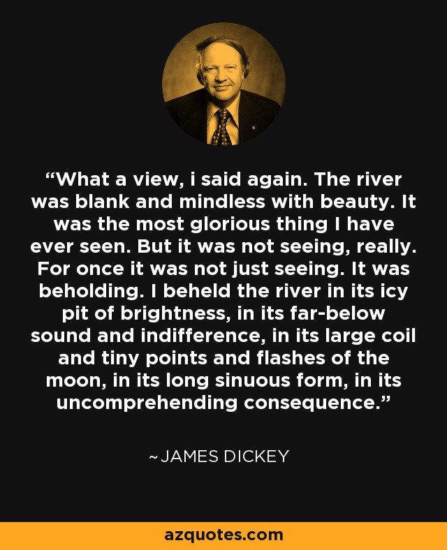 What a view, i said again. The river was blank and mindless with beauty. It was the most glorious thing I have ever seen. But it was not seeing, really. For once it was not just seeing. It was beholding. I beheld the river in its icy pit of brightness, in its far-below sound and indifference, in its large coil and tiny points and flashes of the moon, in its long sinuous form, in its uncomprehending consequence. - James Dickey