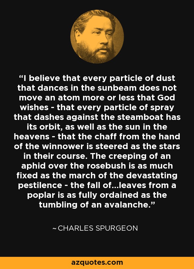 I believe that every particle of dust that dances in the sunbeam does not move an atom more or less that God wishes - that every particle of spray that dashes against the steamboat has its orbit, as well as the sun in the heavens - that the chaff from the hand of the winnower is steered as the stars in their course. The creeping of an aphid over the rosebush is as much fixed as the march of the devastating pestilence - the fall of...leaves from a poplar is as fully ordained as the tumbling of an avalanche. - Charles Spurgeon