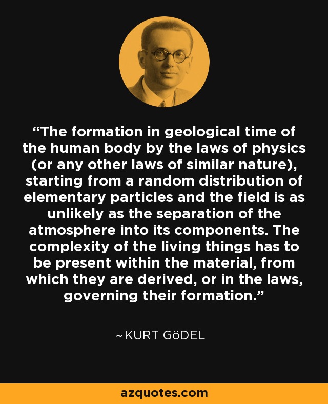 The formation in geological time of the human body by the laws of physics (or any other laws of similar nature), starting from a random distribution of elementary particles and the field is as unlikely as the separation of the atmosphere into its components. The complexity of the living things has to be present within the material, from which they are derived, or in the laws, governing their formation. - Kurt Gödel