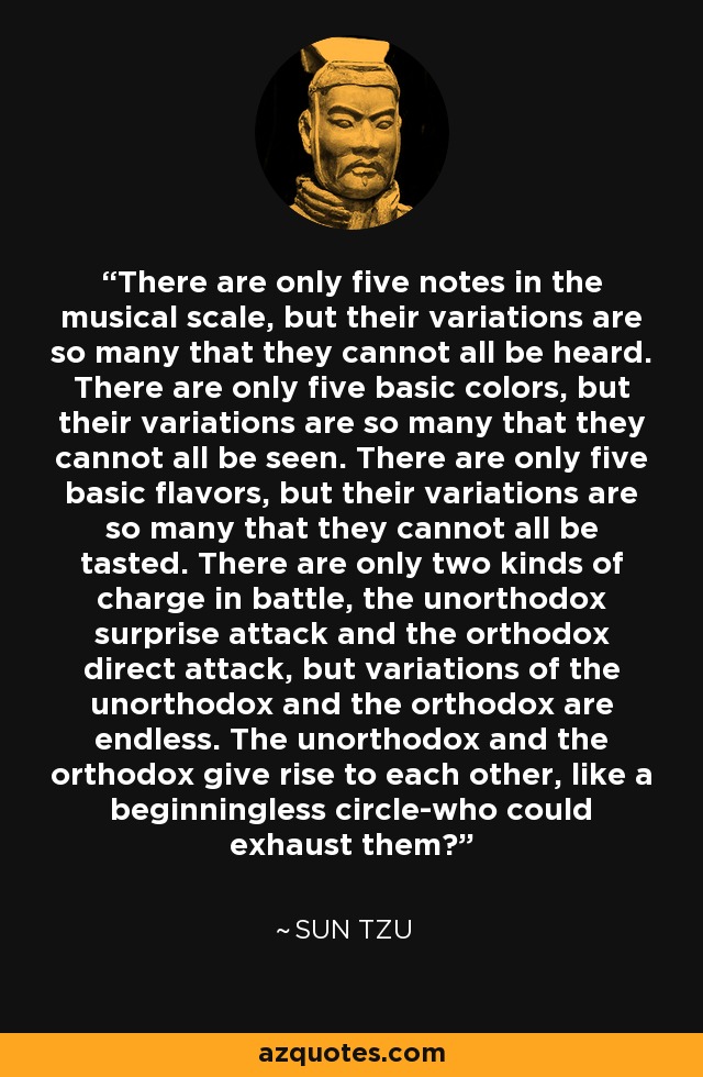 There are only five notes in the musical scale, but their variations are so many that they cannot all be heard. There are only five basic colors, but their variations are so many that they cannot all be seen. There are only five basic flavors, but their variations are so many that they cannot all be tasted. There are only two kinds of charge in battle, the unorthodox surprise attack and the orthodox direct attack, but variations of the unorthodox and the orthodox are endless. The unorthodox and the orthodox give rise to each other, like a beginningless circle-who could exhaust them? - Sun Tzu