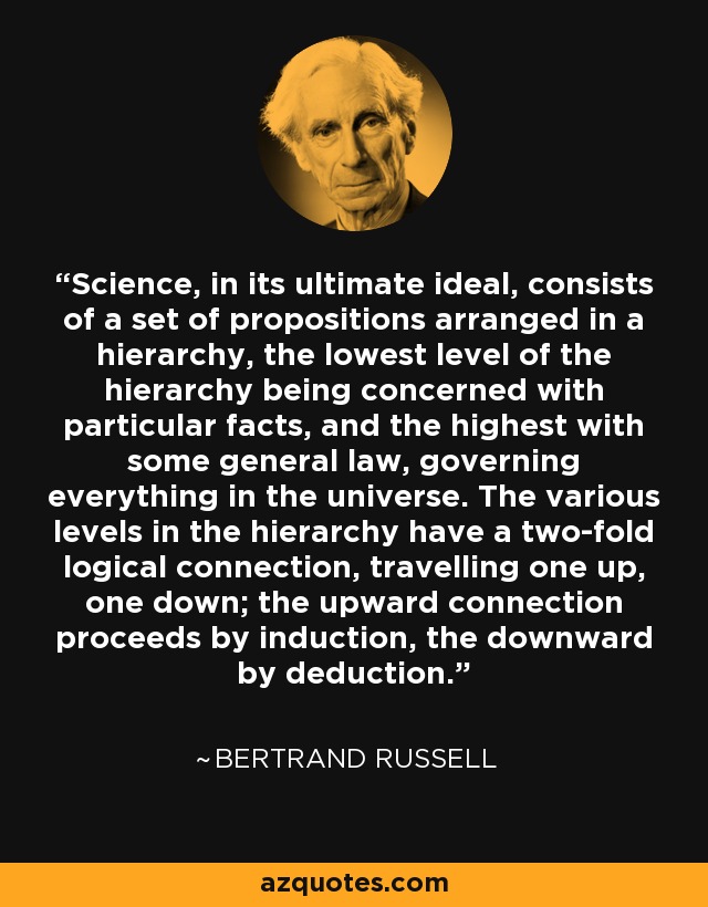 La ciencia, en su ideal último, consiste en un conjunto de proposiciones ordenadas jerárquicamente; el nivel más bajo de la jerarquía se refiere a hechos particulares y el más alto a una ley general que lo rige todo en el universo. Los distintos niveles de la jerarquía tienen una doble conexión lógica, una ascendente y otra descendente; la conexión ascendente se realiza por inducción y la descendente por deducción. - Bertrand Russell