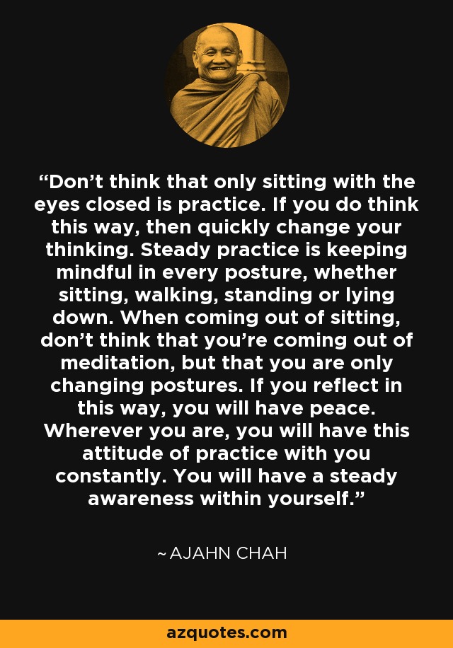 Don't think that only sitting with the eyes closed is practice. If you do think this way, then quickly change your thinking. Steady practice is keeping mindful in every posture, whether sitting, walking, standing or lying down. When coming out of sitting, don't think that you're coming out of meditation, but that you are only changing postures. If you reflect in this way, you will have peace. Wherever you are, you will have this attitude of practice with you constantly. You will have a steady awareness within yourself. - Ajahn Chah