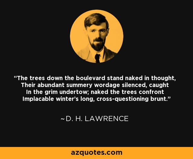 The trees down the boulevard stand naked in thought, Their abundant summery wordage silenced, caught In the grim undertow; naked the trees confront Implacable winter's long, cross-questioning brunt. - D. H. Lawrence