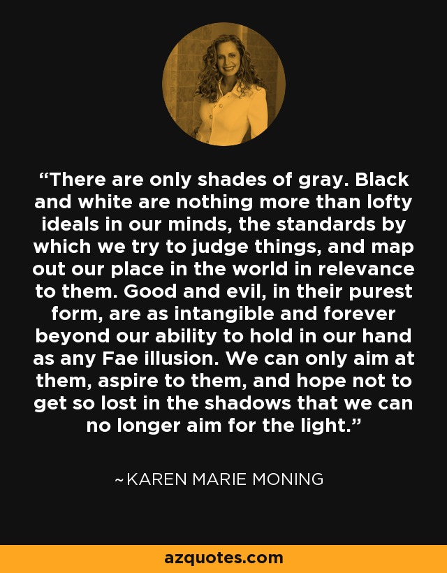 There are only shades of gray. Black and white are nothing more than lofty ideals in our minds, the standards by which we try to judge things, and map out our place in the world in relevance to them. Good and evil, in their purest form, are as intangible and forever beyond our ability to hold in our hand as any Fae illusion. We can only aim at them, aspire to them, and hope not to get so lost in the shadows that we can no longer aim for the light. - Karen Marie Moning
