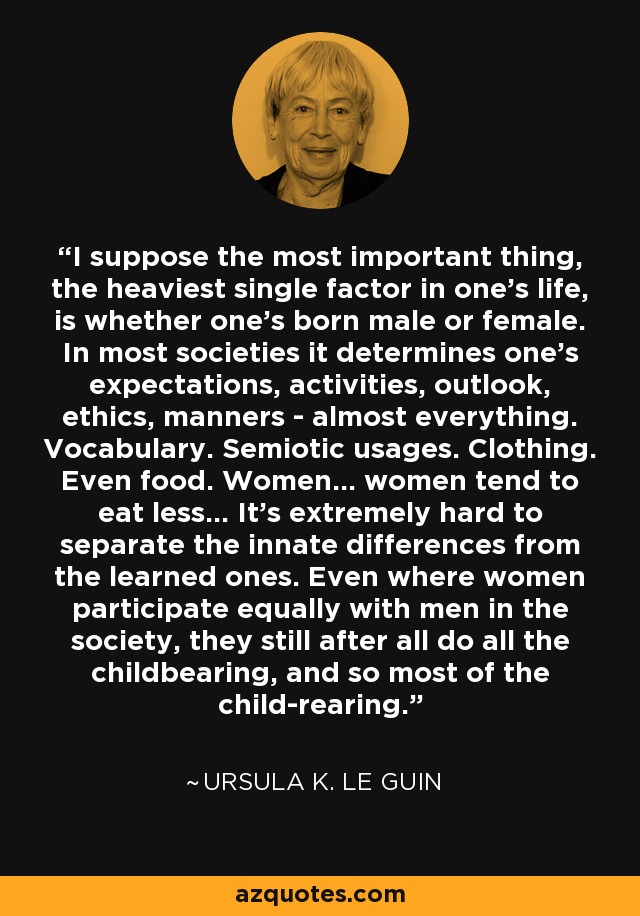 I suppose the most important thing, the heaviest single factor in one's life, is whether one's born male or female. In most societies it determines one's expectations, activities, outlook, ethics, manners - almost everything. Vocabulary. Semiotic usages. Clothing. Even food. Women... women tend to eat less... It's extremely hard to separate the innate differences from the learned ones. Even where women participate equally with men in the society, they still after all do all the childbearing, and so most of the child-rearing. - Ursula K. Le Guin