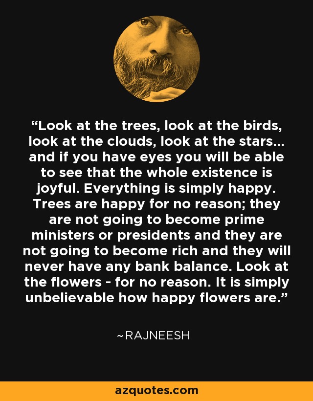 Look at the trees, look at the birds, look at the clouds, look at the stars… and if you have eyes you will be able to see that the whole existence is joyful. Everything is simply happy. Trees are happy for no reason; they are not going to become prime ministers or presidents and they are not going to become rich and they will never have any bank balance. Look at the flowers - for no reason. It is simply unbelievable how happy flowers are. - Rajneesh