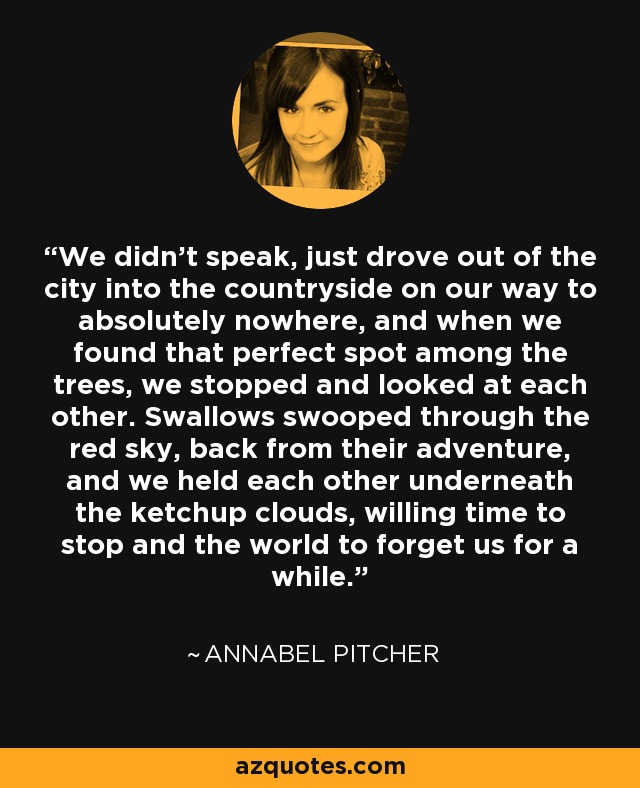 We didn't speak, just drove out of the city into the countryside on our way to absolutely nowhere, and when we found that perfect spot among the trees, we stopped and looked at each other. Swallows swooped through the red sky, back from their adventure, and we held each other underneath the ketchup clouds, willing time to stop and the world to forget us for a while. - Annabel Pitcher