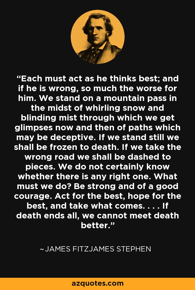 Each must act as he thinks best; and if he is wrong, so much the worse for him. We stand on a mountain pass in the midst of whirling snow and blinding mist through which we get glimpses now and then of paths which may be deceptive. If we stand still we shall be frozen to death. If we take the wrong road we shall be dashed to pieces. We do not certainly know whether there is any right one. What must we do? Be strong and of a good courage. Act for the best, hope for the best, and take what comes. . . . If death ends all, we cannot meet death better. - James Fitzjames Stephen