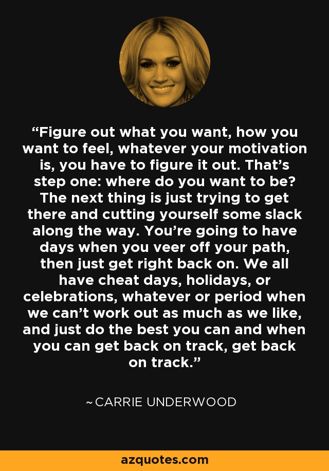 Figure out what you want, how you want to feel, whatever your motivation is, you have to figure it out. That's step one: where do you want to be? The next thing is just trying to get there and cutting yourself some slack along the way. You're going to have days when you veer off your path, then just get right back on. We all have cheat days, holidays, or celebrations, whatever or period when we can't work out as much as we like, and just do the best you can and when you can get back on track, get back on track. - Carrie Underwood