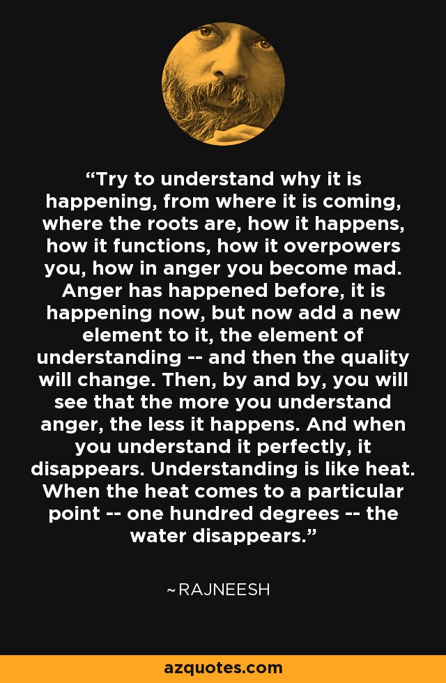 Try to understand why it is happening, from where it is coming, where the roots are, how it happens, how it functions, how it overpowers you, how in anger you become mad. Anger has happened before, it is happening now, but now add a new element to it, the element of understanding -- and then the quality will change. Then, by and by, you will see that the more you understand anger, the less it happens. And when you understand it perfectly, it disappears. Understanding is like heat. When the heat comes to a particular point -- one hundred degrees -- the water disappears. - Rajneesh