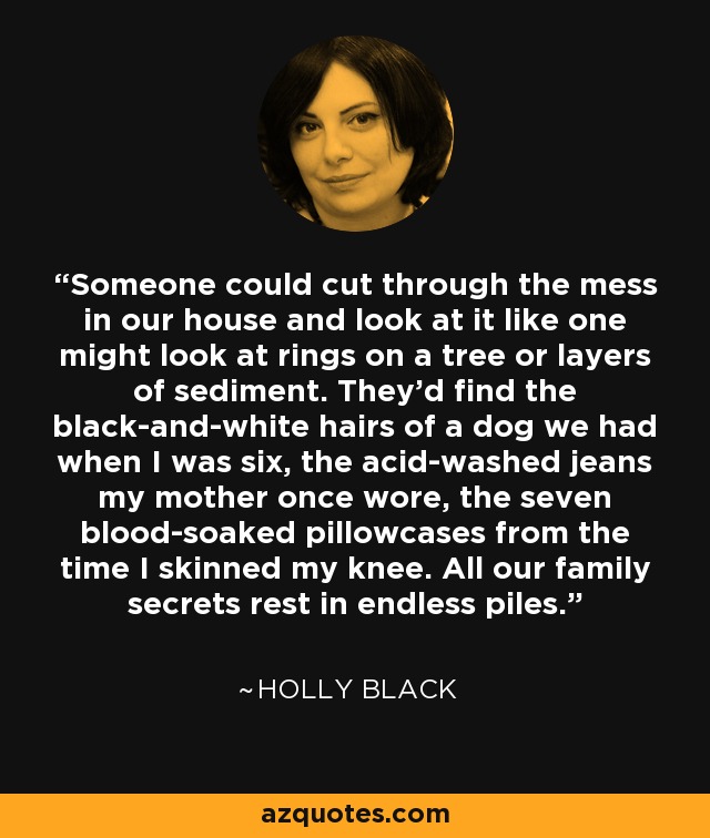 Someone could cut through the mess in our house and look at it like one might look at rings on a tree or layers of sediment. They'd find the black-and-white hairs of a dog we had when I was six, the acid-washed jeans my mother once wore, the seven blood-soaked pillowcases from the time I skinned my knee. All our family secrets rest in endless piles. - Holly Black