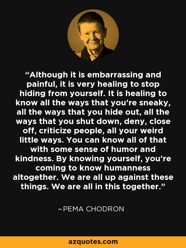 Although it is embarrassing and painful, it is very healing to stop hiding from yourself. It is healing to know all the ways that you’re sneaky, all the ways that you hide out, all the ways that you shut down, deny, close off, criticize people, all your weird little ways. You can know all of that with some sense of humor and kindness. By knowing yourself, you’re coming to know humanness altogether. We are all up against these things. We are all in this together. - Pema Chodron