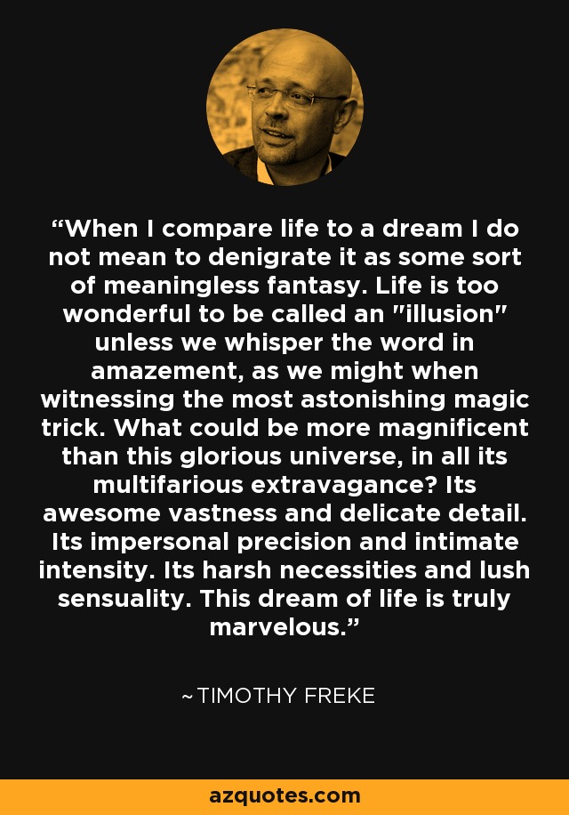 When I compare life to a dream I do not mean to denigrate it as some sort of meaningless fantasy. Life is too wonderful to be called an 