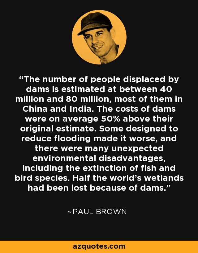 Se calcula que el número de personas desplazadas por las presas oscila entre 40 y 80 millones, la mayoría de ellas en China e India. Los costes de las presas fueron por término medio un 50% superiores a su estimación original. Algunas diseñadas para reducir las inundaciones las empeoraron, y hubo muchos inconvenientes medioambientales inesperados, como la extinción de especies de peces y aves. La mitad de los humedales del mundo se habían perdido a causa de las presas. - Paul Brown