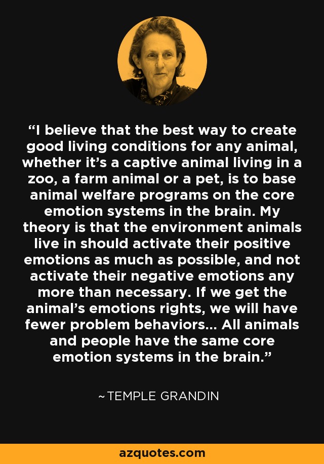 I believe that the best way to create good living conditions for any animal, whether it's a captive animal living in a zoo, a farm animal or a pet, is to base animal welfare programs on the core emotion systems in the brain. My theory is that the environment animals live in should activate their positive emotions as much as possible, and not activate their negative emotions any more than necessary. If we get the animal's emotions rights, we will have fewer problem behaviors... All animals and people have the same core emotion systems in the brain. - Temple Grandin