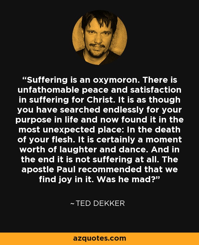 Suffering is an oxymoron. There is unfathomable peace and satisfaction in suffering for Christ. It is as though you have searched endlessly for your purpose in life and now found it in the most unexpected place: In the death of your flesh. It is certainly a moment worth of laughter and dance. And in the end it is not suffering at all. The apostle Paul recommended that we find joy in it. Was he mad? - Ted Dekker