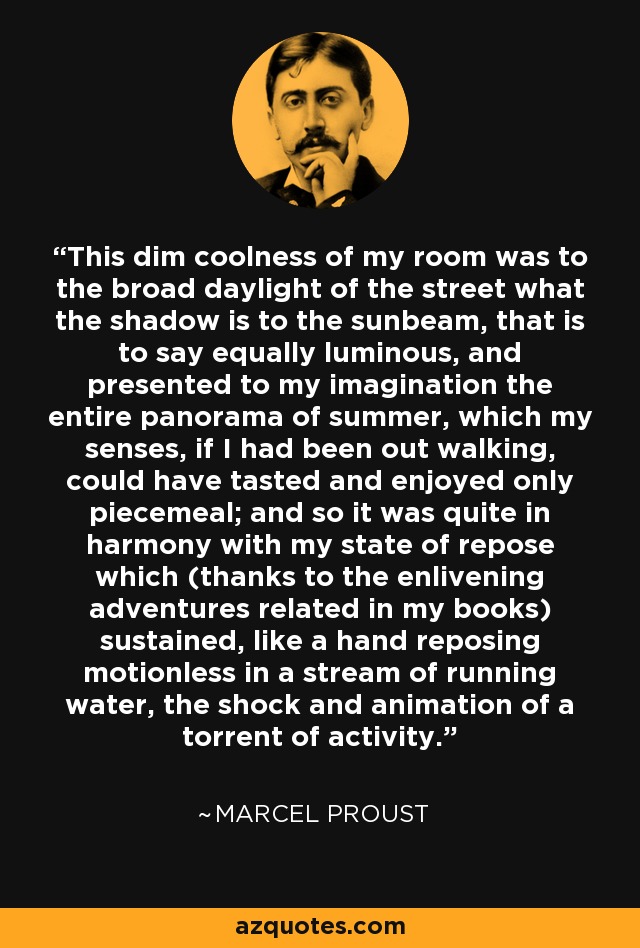 This dim coolness of my room was to the broad daylight of the street what the shadow is to the sunbeam, that is to say equally luminous, and presented to my imagination the entire panorama of summer, which my senses, if I had been out walking, could have tasted and enjoyed only piecemeal; and so it was quite in harmony with my state of repose which (thanks to the enlivening adventures related in my books) sustained, like a hand reposing motionless in a stream of running water, the shock and animation of a torrent of activity. - Marcel Proust