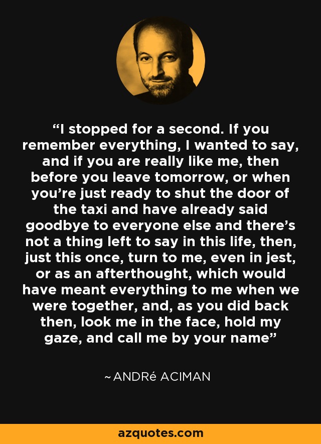 I stopped for a second. If you remember everything, I wanted to say, and if you are really like me, then before you leave tomorrow, or when you’re just ready to shut the door of the taxi and have already said goodbye to everyone else and there’s not a thing left to say in this life, then, just this once, turn to me, even in jest, or as an afterthought, which would have meant everything to me when we were together, and, as you did back then, look me in the face, hold my gaze, and call me by your name - André Aciman