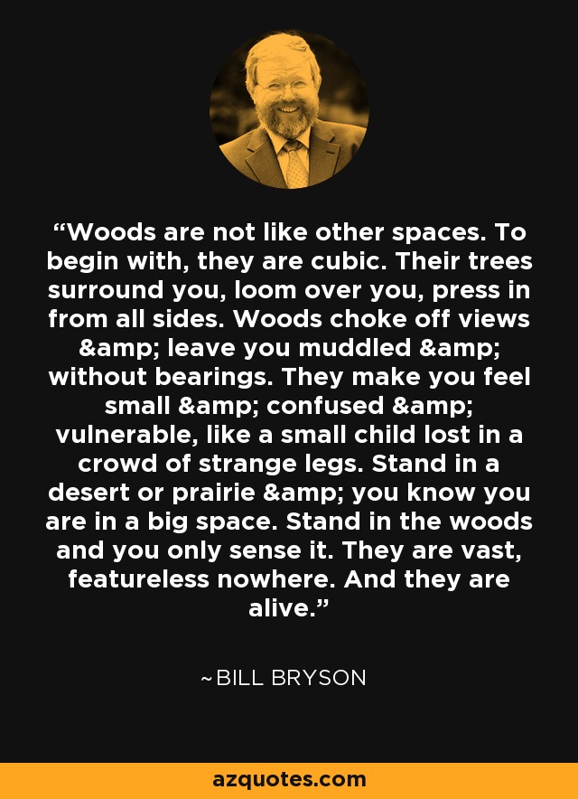 Woods are not like other spaces. To begin with, they are cubic. Their trees surround you, loom over you, press in from all sides. Woods choke off views & leave you muddled & without bearings. They make you feel small & confused & vulnerable, like a small child lost in a crowd of strange legs. Stand in a desert or prairie & you know you are in a big space. Stand in the woods and you only sense it. They are vast, featureless nowhere. And they are alive. - Bill Bryson