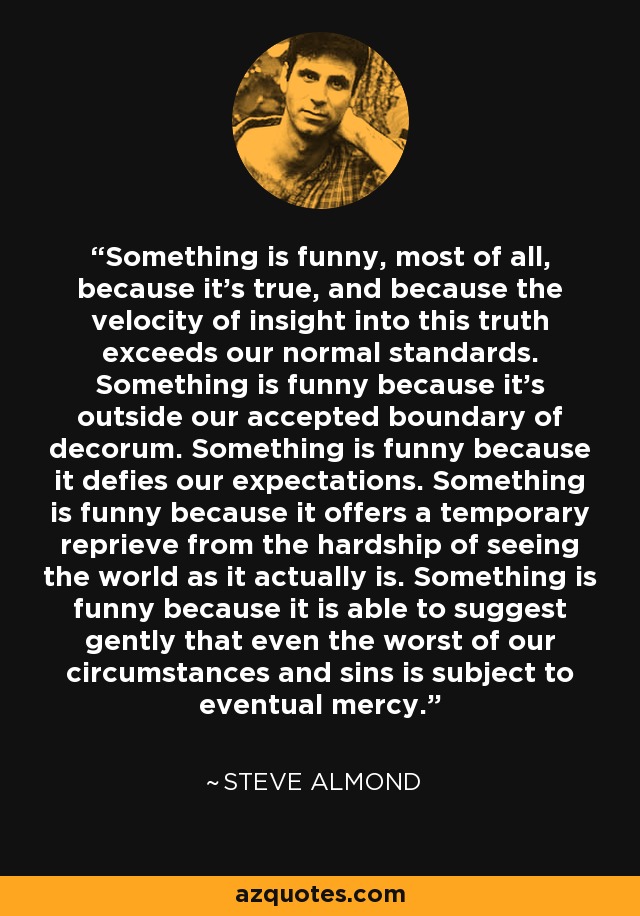 Something is funny, most of all, because it's true, and because the velocity of insight into this truth exceeds our normal standards. Something is funny because it's outside our accepted boundary of decorum. Something is funny because it defies our expectations. Something is funny because it offers a temporary reprieve from the hardship of seeing the world as it actually is. Something is funny because it is able to suggest gently that even the worst of our circumstances and sins is subject to eventual mercy. - Steve Almond