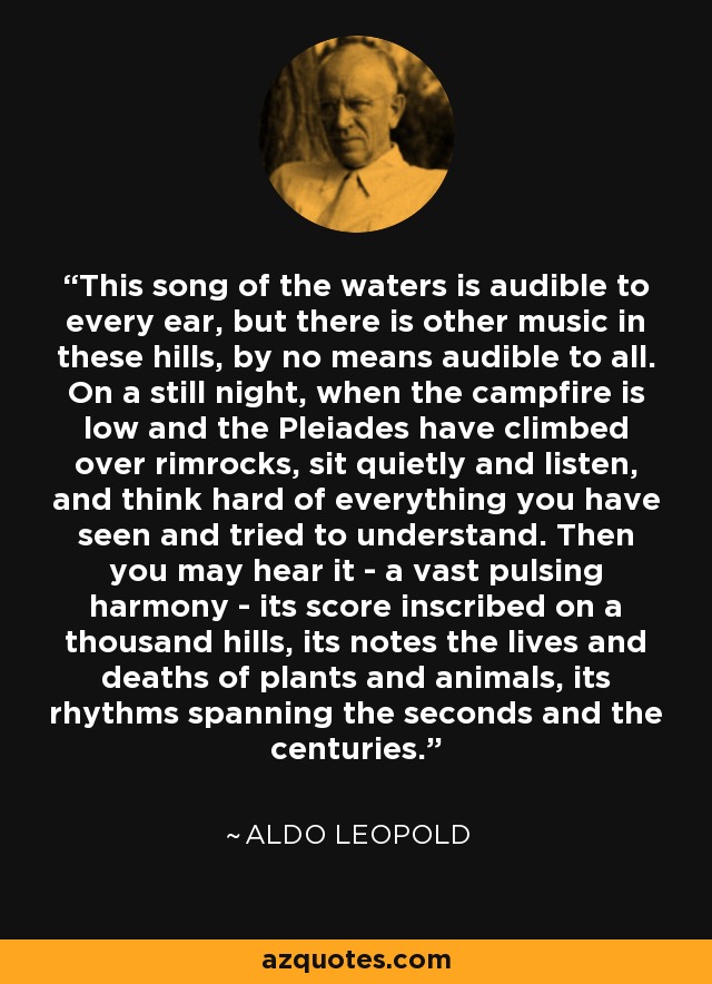 This song of the waters is audible to every ear, but there is other music in these hills, by no means audible to all. On a still night, when the campfire is low and the Pleiades have climbed over rimrocks, sit quietly and listen, and think hard of everything you have seen and tried to understand. Then you may hear it - a vast pulsing harmony - its score inscribed on a thousand hills, its notes the lives and deaths of plants and animals, its rhythms spanning the seconds and the centuries. - Aldo Leopold