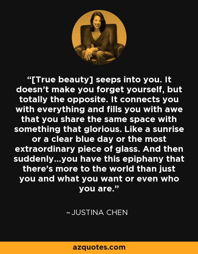 [True beauty] seeps into you. It doesn't make you forget yourself, but totally the opposite. It connects you with everything and fills you with awe that you share the same space with something that glorious. Like a sunrise or a clear blue day or the most extraordinary piece of glass. And then suddenly...you have this epiphany that there's more to the world than just you and what you want or even who you are. - Justina Chen