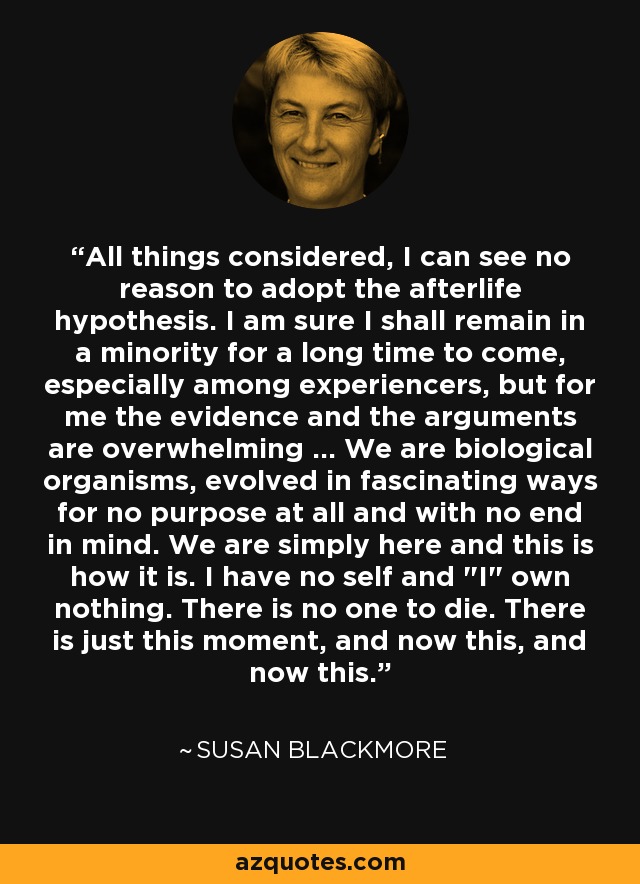 All things considered, I can see no reason to adopt the afterlife hypothesis. I am sure I shall remain in a minority for a long time to come, especially among experiencers, but for me the evidence and the arguments are overwhelming ... We are biological organisms, evolved in fascinating ways for no purpose at all and with no end in mind. We are simply here and this is how it is. I have no self and 