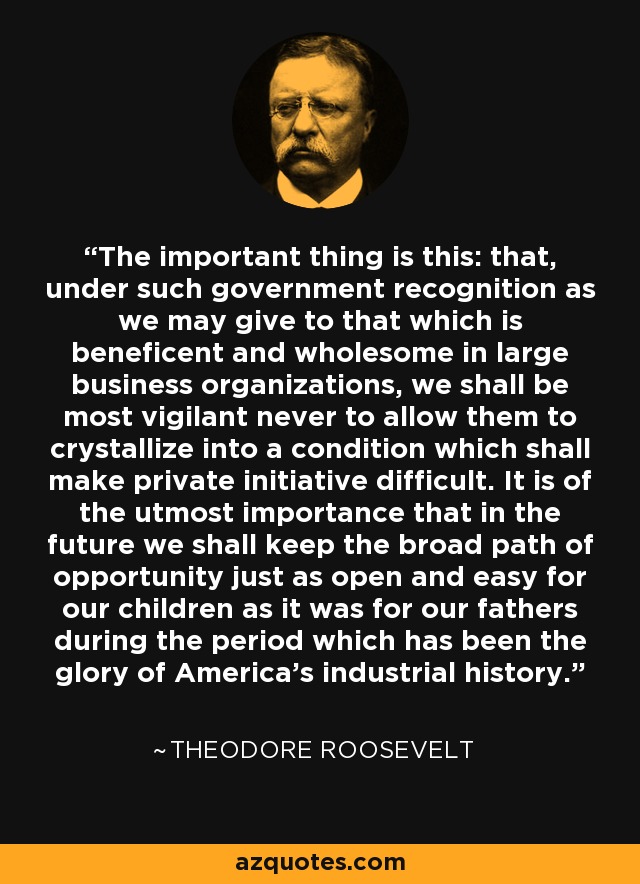 The important thing is this: that, under such government recognition as we may give to that which is beneficent and wholesome in large business organizations, we shall be most vigilant never to allow them to crystallize into a condition which shall make private initiative difficult. It is of the utmost importance that in the future we shall keep the broad path of opportunity just as open and easy for our children as it was for our fathers during the period which has been the glory of America's industrial history. - Theodore Roosevelt