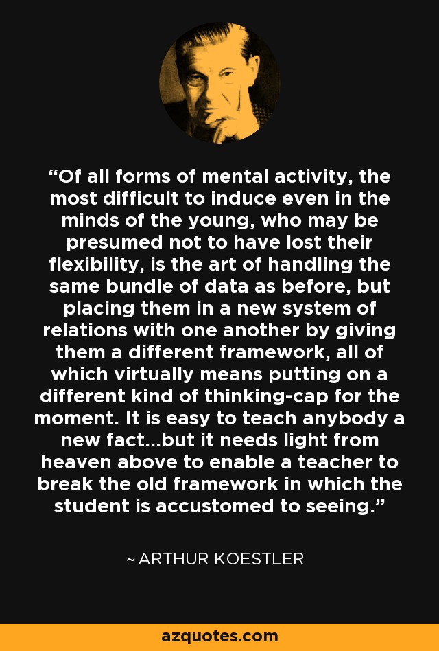 Of all forms of mental activity, the most difficult to induce even in the minds of the young, who may be presumed not to have lost their flexibility, is the art of handling the same bundle of data as before, but placing them in a new system of relations with one another by giving them a different framework, all of which virtually means putting on a different kind of thinking-cap for the moment. It is easy to teach anybody a new fact...but it needs light from heaven above to enable a teacher to break the old framework in which the student is accustomed to seeing. - Arthur Koestler