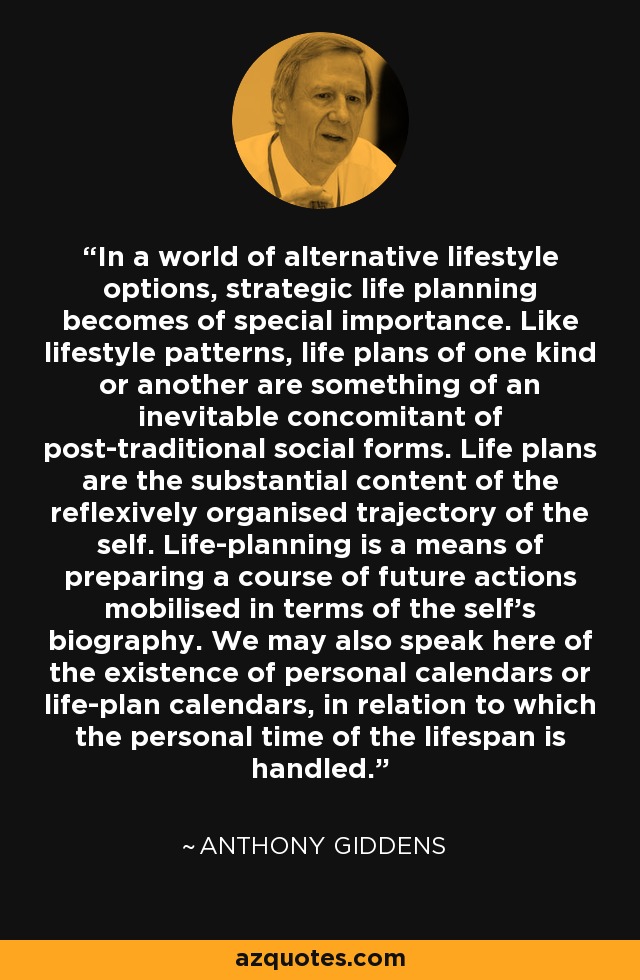 In a world of alternative lifestyle options, strategic life planning becomes of special importance. Like lifestyle patterns, life plans of one kind or another are something of an inevitable concomitant of post-traditional social forms. Life plans are the substantial content of the reflexively organised trajectory of the self. Life-planning is a means of preparing a course of future actions mobilised in terms of the self's biography. We may also speak here of the existence of personal calendars or life-plan calendars, in relation to which the personal time of the lifespan is handled. - Anthony Giddens