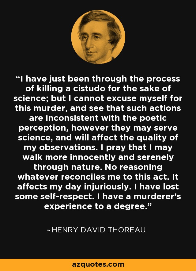 I have just been through the process of killing a cistudo for the sake of science; but I cannot excuse myself for this murder, and see that such actions are inconsistent with the poetic perception, however they may serve science, and will affect the quality of my observations. I pray that I may walk more innocently and serenely through nature. No reasoning whatever reconciles me to this act. It affects my day injuriously. I have lost some self-respect. I have a murderer's experience to a degree. - Henry David Thoreau