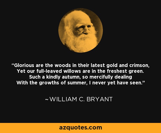 Glorious are the woods in their latest gold and crimson, Yet our full-leaved willows are in the freshest green. Such a kindly autumn, so mercifully dealing With the growths of summer, I never yet have seen. - William C. Bryant